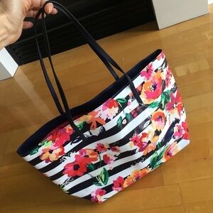 Macy’s Floral + Striped Tote Bag, Navy Blue, White, Hot Pink